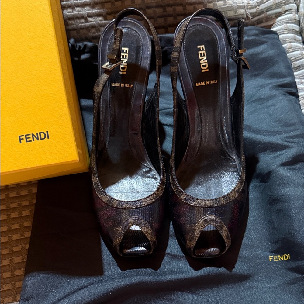 Fendi Black and Brown Peep-Toe Heels